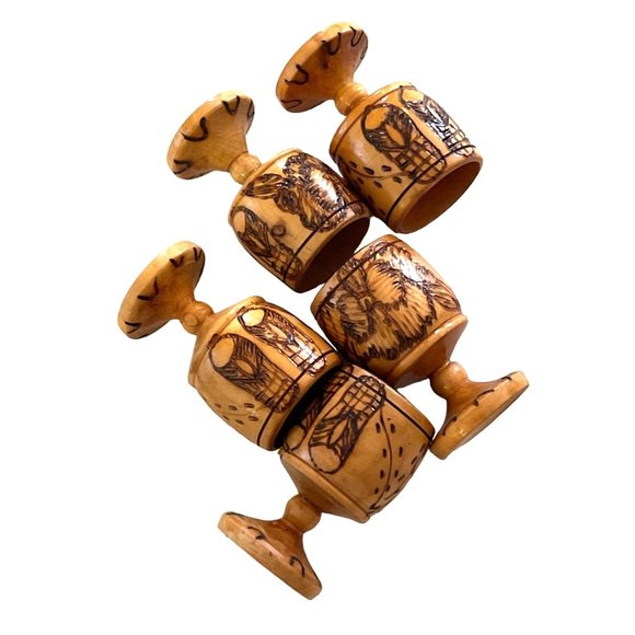 Vintage Wood Pedestal Cups Egg Cup or Tiki Bar Shot Glass Hand Turned Pyrography - Picture 2 of 7
